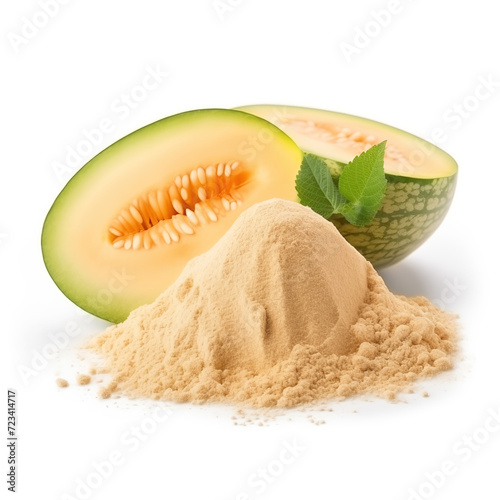 close up pile of finely dry organic fresh raw galia melon powder isolated on white background. bright colored heaps of herbal, spice or seasoning recipes clipping path. selective focus photo