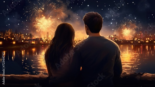 silhouette of romantic couple of man and woman watching fireworks at holiday celebration, dating people looking up at fire works at night, love and valentines concept