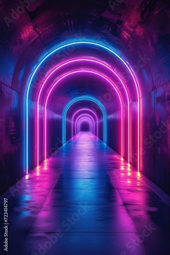 Wallpaper  abstract background neon tunnel with colorful lights  3d illustration  in the style of geometric  violet and emerald