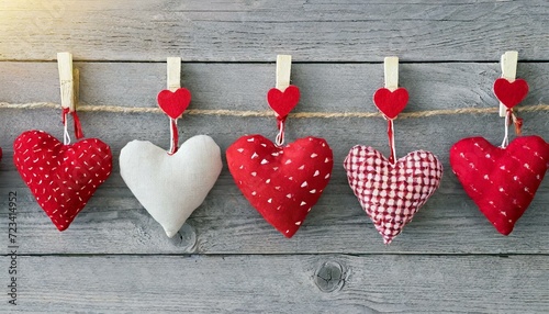 Valentine background with diy sewed pillow hearts row border on red clothespins at rustic gray wood planks. Happy lovers day card mockup, copy space 