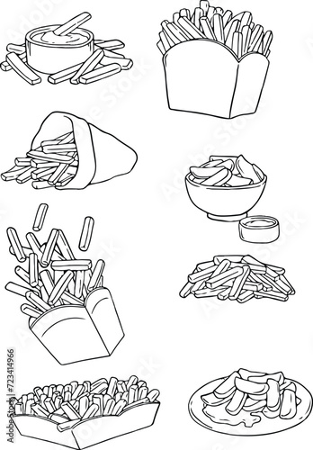 French fries set, Hand drawn sketch french fries set. Fast food illustrations. Bunch, paper box and top view with sauce. Best for menu designs and packages. Vector collection.