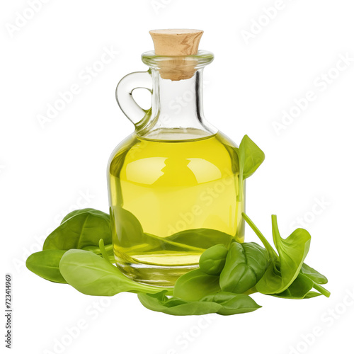 fresh raw organic lambs lettuce oil in glass bowl png isolated on white background with clipping path. natural organic dripping serum herbal medicine rich of vitamins concept. selective focus photo