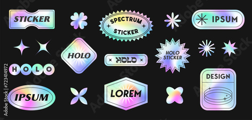 Vector set of holographic stickers and patches.Modern iridescent labels with copy space for text.Trendy cosmic emblems for banners,social media marketing,branding,packaging,offers