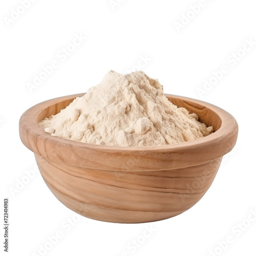 pile of finely dry organic fresh raw oat flour powder in wooden bowl png isolated on white background. bright colored of herbal, spice or seasoning recipes clipping path. selective focus photo