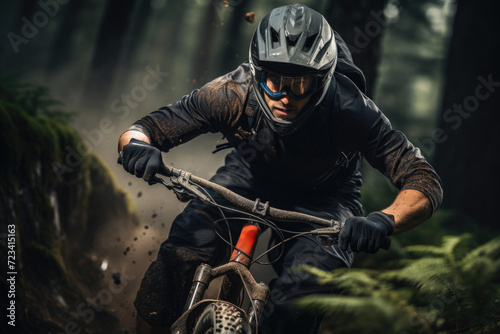 A mountain biker navigating a woodland trail  enjoying the thrill and challenge of the terrain. Concept of mountain biking and forest adventures. Generative Ai.