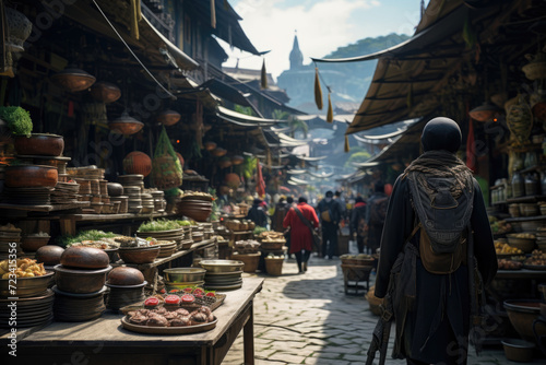 A traveler walking through a bustling local market, absorbing the sights, sounds, and smells. Concept of immersive cultural experiences and local life. Generative Ai.