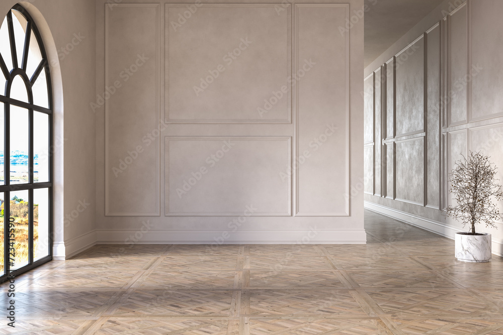 Fototapeta premium Classic empty room interior with white walls, parquet floor and arch window.