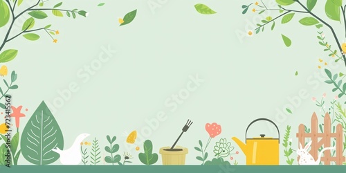 Garden Illustration with Plants, Watering Can, and Fence
