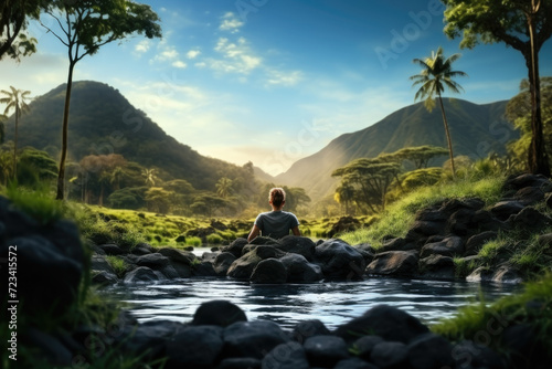 A person relaxing in a thermal hot spring, surrounded by nature and feeling rejuvenated. Concept of natural wellness and relaxation. Generative Ai.