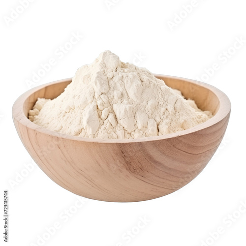 pile of finely dry organic fresh raw marshmallow root powder in wooden bowl png isolated on white background. bright colored of herbal, spice or seasoning recipes clipping path. selective focus photo