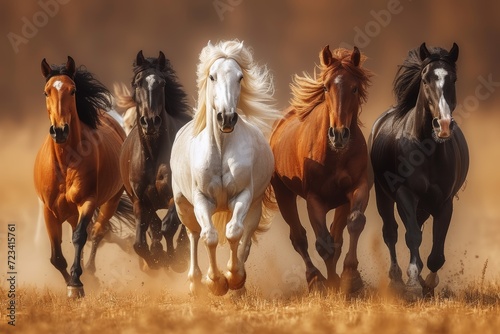 A herd of majestic horses galloping freely through a vast field, their brown coats shining in the sun and their flowing manes trailing behind them, embodying the wild beauty of these magnificent crea