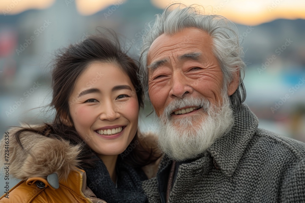 A couple's joy radiates through their beaming smiles as they pose for a portrait in the crisp outdoor air, the man's rugged jacket and charming beard complementing the woman's elegant moustache and s A couple's joy radiates through their beaming smiles as they pose for a portrait in the crisp outdoor air, the man's rugged jacket and charming beard complementing the woman's elegant moustache and s