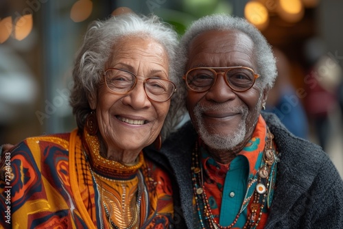 A happy senior couple poses for a photo, their warm smiles shining through their wrinkles as they stand together in their outdoor attire, the woman wearing a scarf and glasses while the man exudes ti