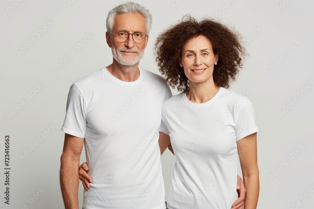 Older mature couple with matching Mockup White t-shirt, blank tshirt Older mature couple with matching Mockup White t-shirt, blank tshirt