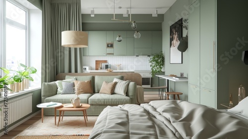 Scandinavian style small studio apartment with stylish design in sage green colors with big window, living room, kitchen space and bed  