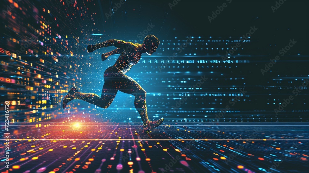 Binary code illuminates the silhouette of a running figure, symbolizing the digital revolution in fitness tracking and performance optimization.