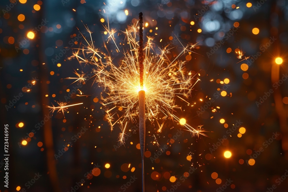 A mesmerizing display of golden sparks illuminating the night sky, a perfect start to the new year with a sparkling sparkler in hand - obrazy, fototapety, plakaty 