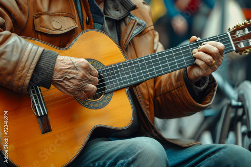 A street musician playing an old, slightly out-of-tune guitar, creating a unique sound. Concept of the music and charm in imperfect instruments. Generative Ai.