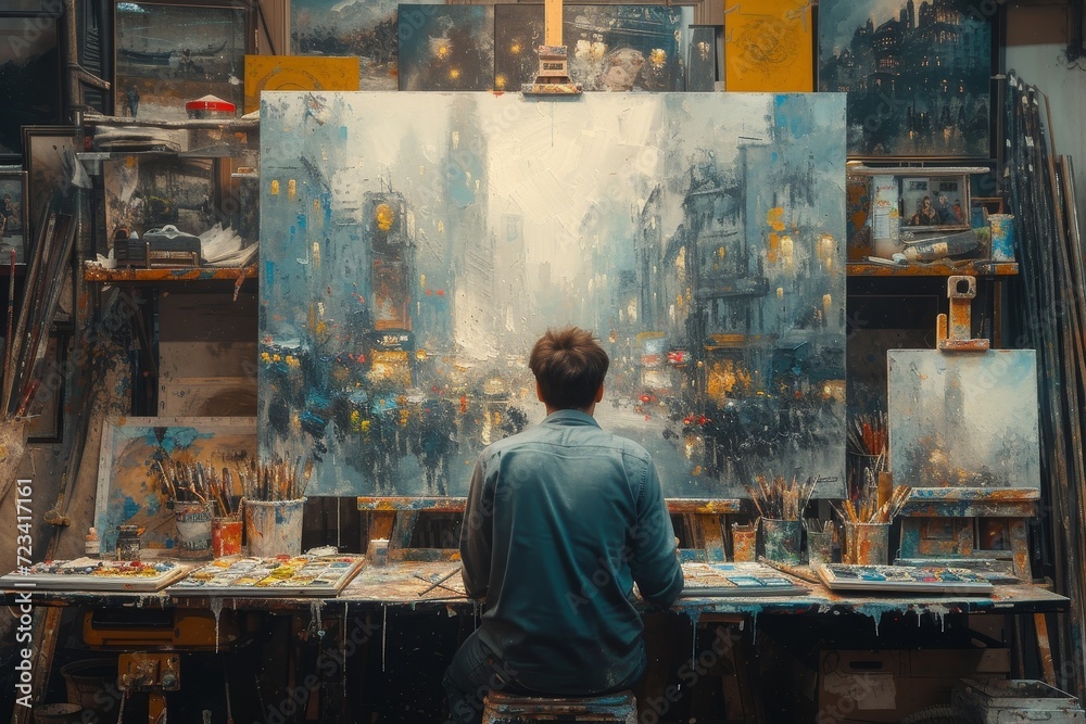 A sharply dressed man contemplates the bustling street outside as he admires the vibrant painting on the table before him, lost in the beauty and power of art