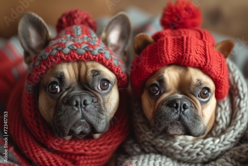 Two furry friends, a fawn-colored pug and a stout bulldog, snuggled up indoors, bringing warmth and charm with their red hats and scarves