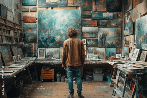 A man stands in a vibrant art-filled room, surrounded by clothing and furniture, as he contemplates the street outside and the beauty within the shop's paintings © Larisa AI