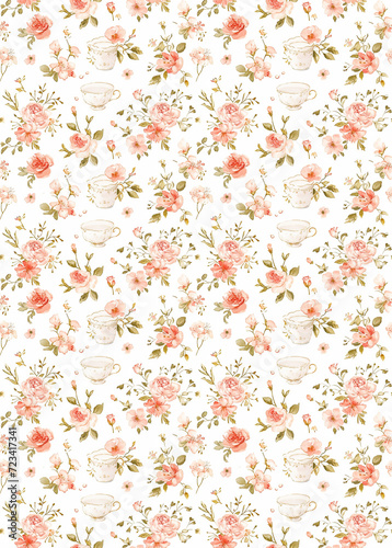Seamless pattern, afternoon tea and small flowers, watercolor. For screen printing, paper craft printable, wedding invitations covers, stationery designs, fabric print