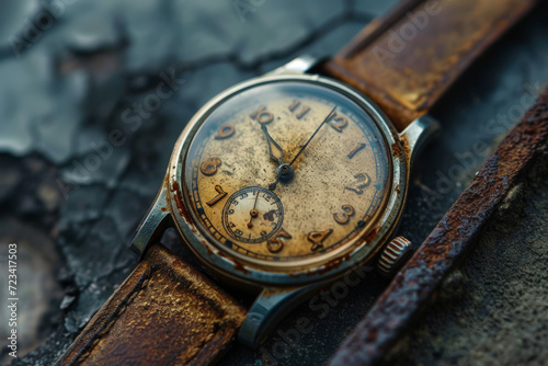 An old watch with a scratched face, still keeping time and carrying memories. Concept of enduring utility and memory in imperfections. Generative Ai.