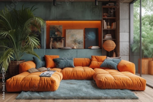 Inviting orange couches and a touch of nature bring warmth and comfort to this cozy living room, creating a perfect oasis for relaxation and reflection © Larisa AI