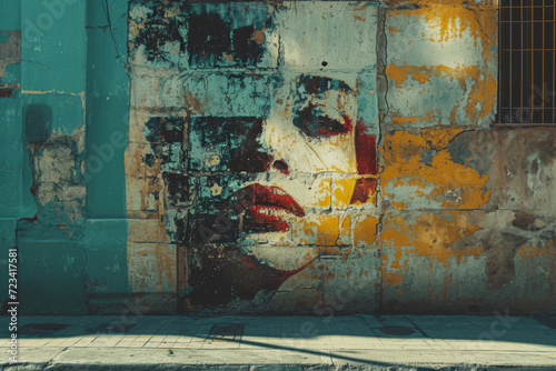 A faded mural on a city wall, telling a story through its weathered appearance. Concept of urban art evolving with time and elements. Generative Ai.