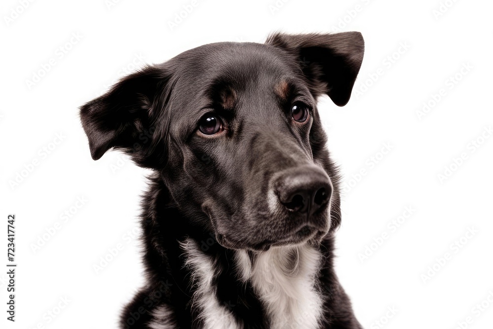 Portrait of a dark-haired dog, muzzle close-up, studio shot, isolated on white background.