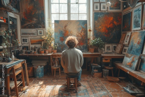 A person surrounded by furniture and art sits in contemplation, their clothing blending into the indoor decor as they admire a painting in a golden frame atop a desk, with a vase of flowers on the wi