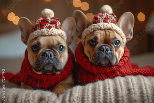 Two festive fawn-colored dogs stay cozy and stylish indoors, sporting adorable red knitted hats and scarves that add a touch of christmas cheer to their pet attire © Larisa AI