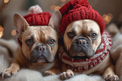 Two furry friends  a pug and a french bulldog  cozy up indoors wearing knitted hats and scarves in a vibrant red  showcasing their playful personalities and love for fashion as beloved pets