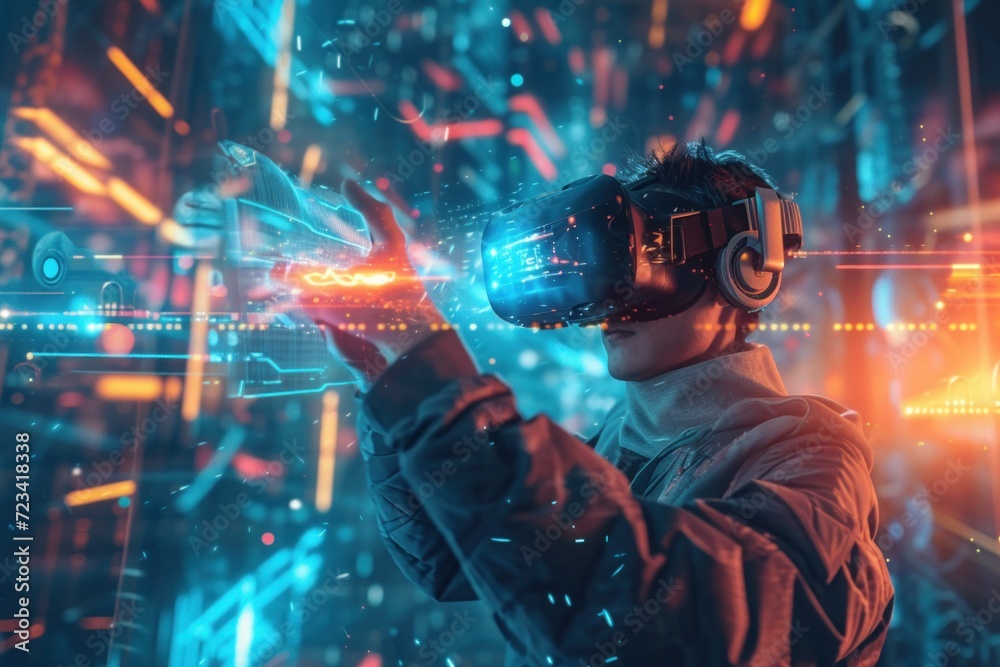 High-tech virtual gaming comes to life in a neon matrix of data and holographic imagery.. High-tech virtual gaming comes to life in a neon matrix of data and holographic imagery..