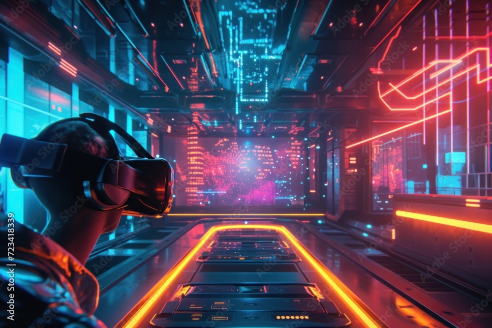 An immersive virtual reality experience envelops a gamer in a neon-lit digital world, where technology meets imagination..