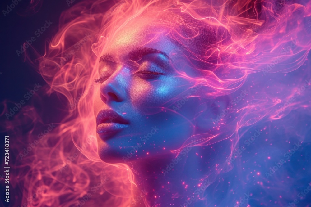 A surreal portrait of a woman bathed in neon glow and vibrant colors, creating an ethereal and dreamlike beauty..