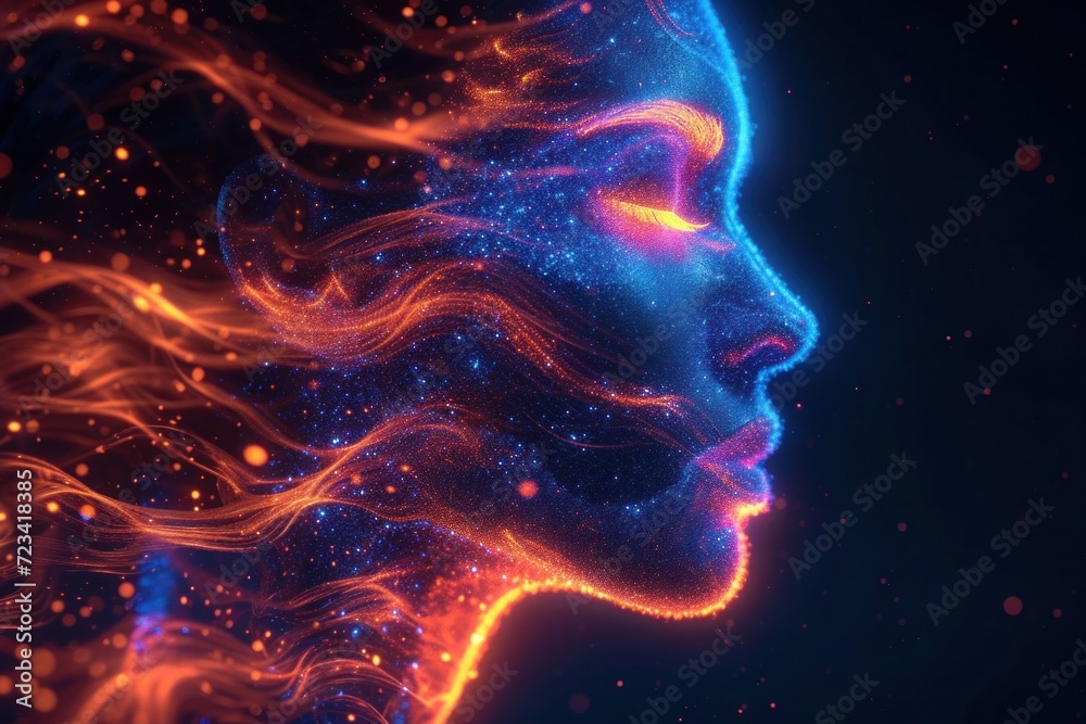 Visual metaphor of emotional healing with flowing neon elements, The visual poetry of flowing neon and starry textures merges in the futuristic and mystical portrait of a woman.. Visual metaphor of emotional healing with flowing neon elements, The visual poetry of flowing neon and starry textures merges in the futuristic and mystical portrait of a woman..