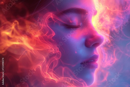 Visual metaphor of emotional healing with flowing neon elements, digital art, abstract portrait in fire and smoke