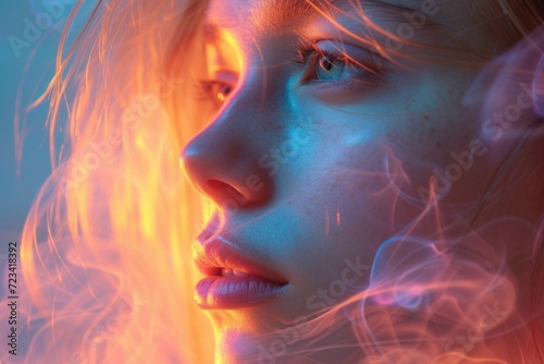 Visual metaphor of emotional healing with flowing neon elements, A serene portrait of a woman, bathed in the ethereal glow of neon lights, capturing a contemplative and dreamy mood..