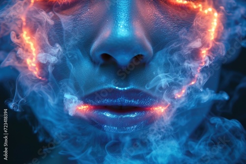 Visual metaphor of emotional healing with flowing neon elements  A close-up portrait of a woman  her features bathed in a surreal glow of neon blue and fiery red