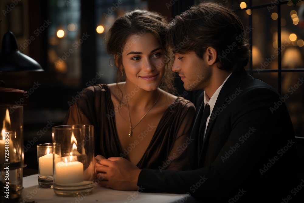 Amidst a warm restaurant ambiance, a happy couple in love shares smiles and laughter, their connection evident in the joyous atmosphere of shared moment and romantic bliss