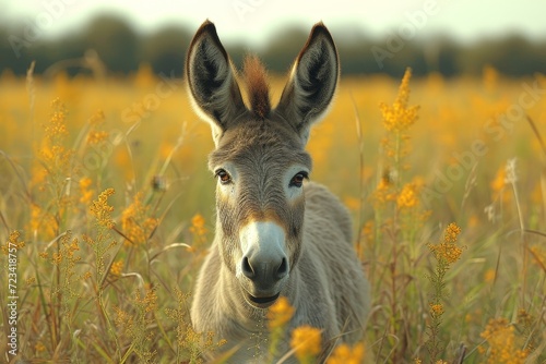 A curious burro stands tall amidst a sea of golden blooms, the epitome of gentle wildlife in the great outdoors © Larisa AI
