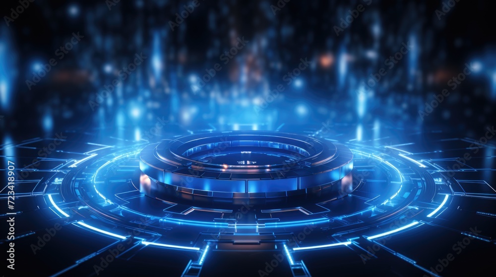 Fototapeta premium Wallpaper, abstract background, a blue technology background with lights and an object, in the style of technological fusion, rounded