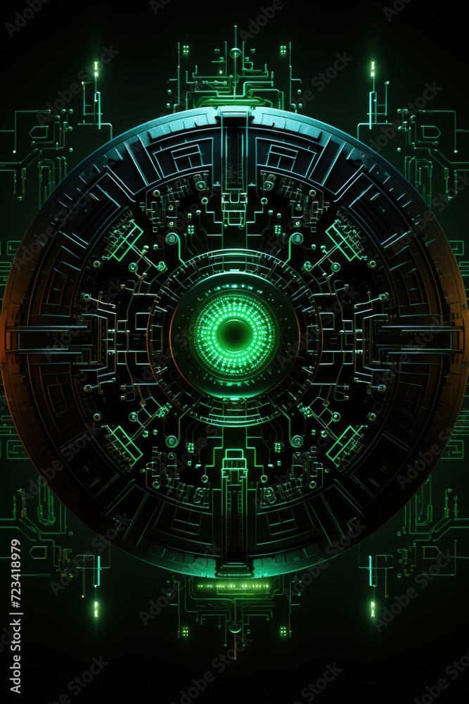 computer technology background with a circle of green lights on a black background