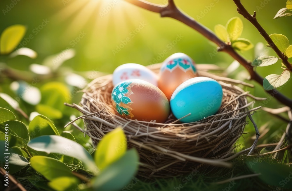Colorful Easter eggs in a nest surrounded by grass and flowers, in the rays of the sun. Holiday Easter card Colorful Easter eggs in a nest surrounded by grass and flowers, in the rays of the sun. Holiday Easter card