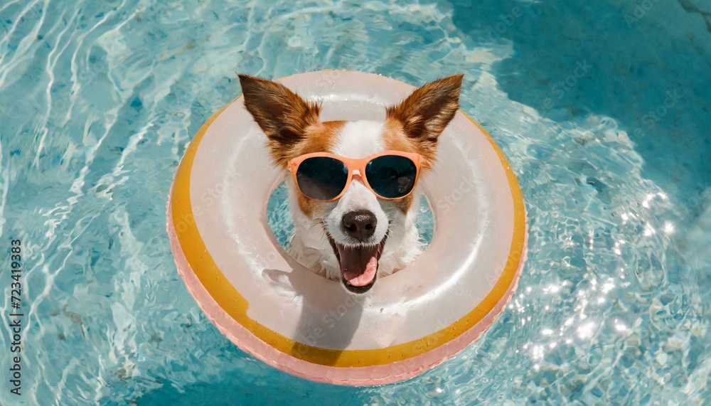 Happy dog with sunglasses and floating ring