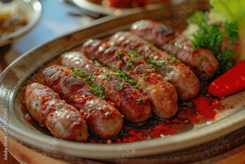 A mouthwatering platter of german bratwurst, spanish chistorra, and thuringian sausage, adorned with a medley of vegetables and spices, creates a tantalizing indoor delicacy fit for any meat lover's  photo