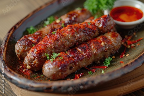 A succulent plate of german cuisine featuring a variety of flavorful sausages such as bratwurst, knackwurst, and thuringian sausage, topped with a vibrant mix of red cooking and barbecue sauces, surr photo
