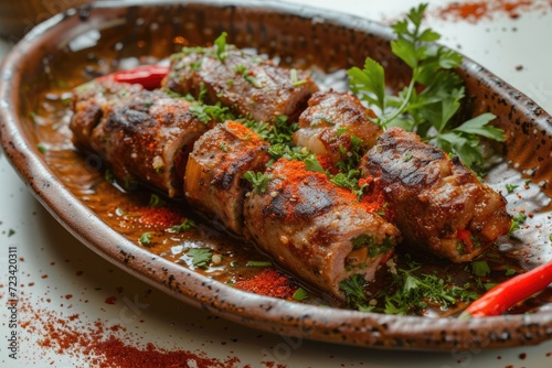 A succulent kebab dish, cooked to perfection with indoor roasting and marination, beautifully presented on a plate surrounded by vibrant plants, inviting you to indulge in its flavorful cuisine