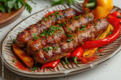 Flavorful meats and vibrant vegetables sizzle on a hot plate, creating a mouth-watering mixed grill dish that will transport you to a churrasco feast